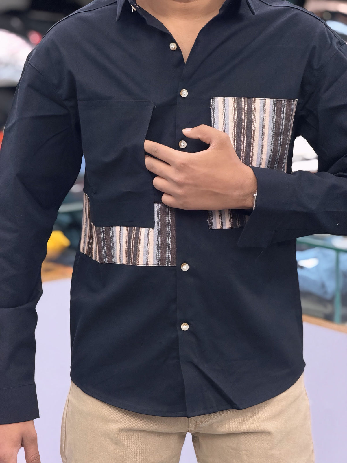 Men’s Black Casual Cotton Shirt with Striped Designer Panels – Modern Stylish Smart Casual Shirt