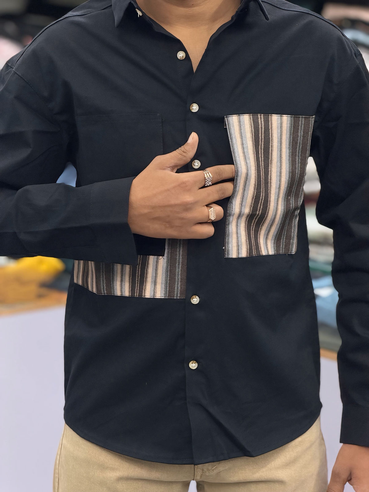 Men’s Black Casual Cotton Shirt with Striped Designer Panels – Modern Stylish Smart Casual Shirt