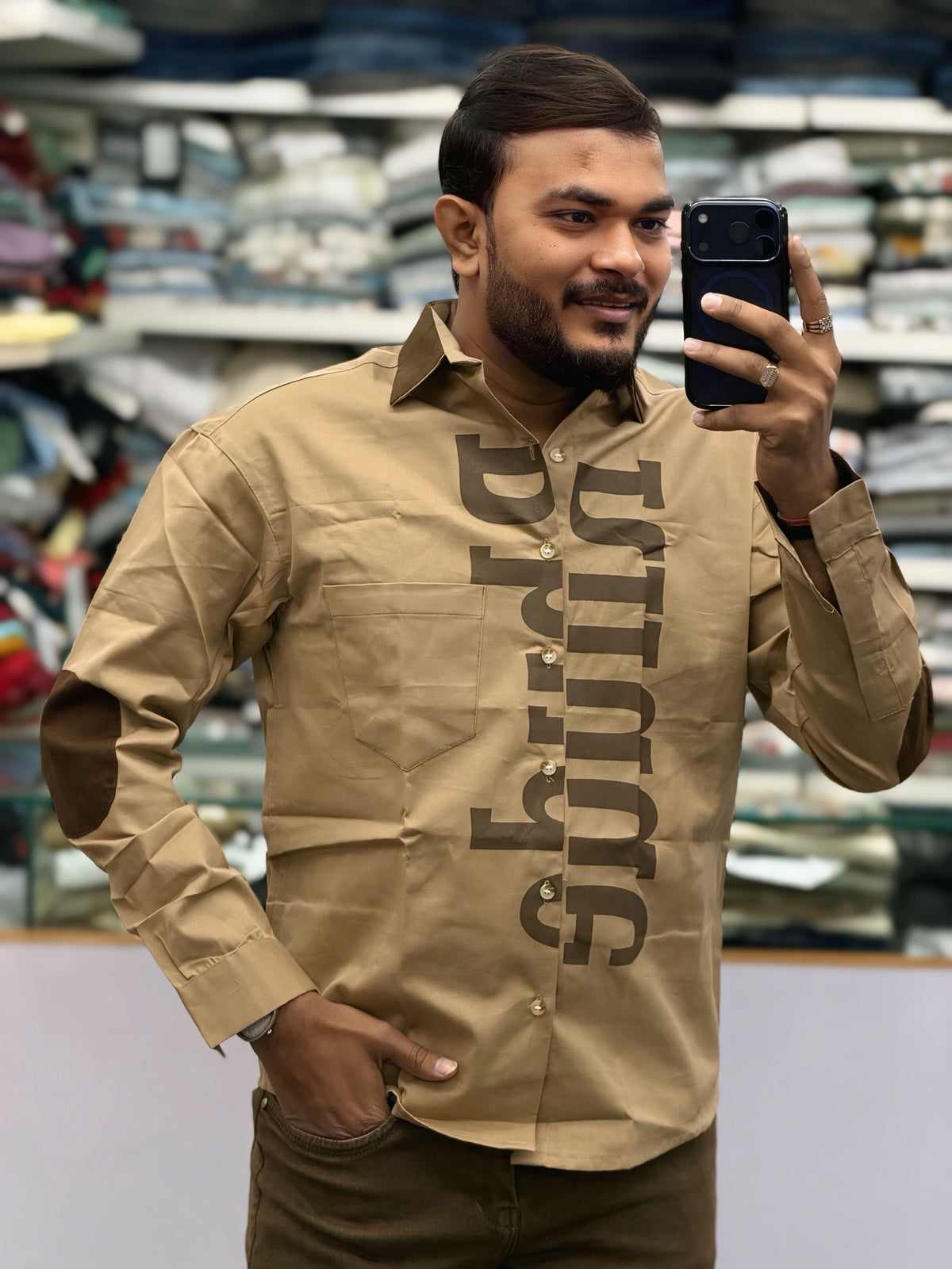 Men’s Khaki Casual Cotton Shirt with Bold Typography Print – Trendy Street Style Designer Shirt