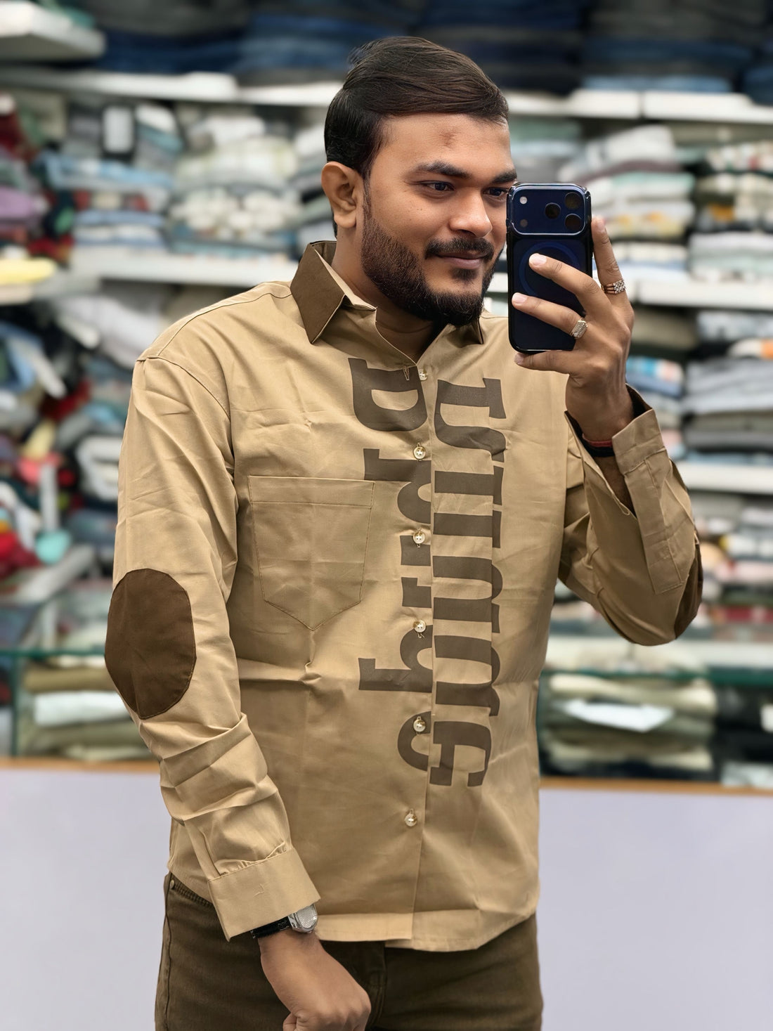 Men’s Khaki Casual Cotton Shirt with Bold Typography Print – Trendy Street Style Designer Shirt