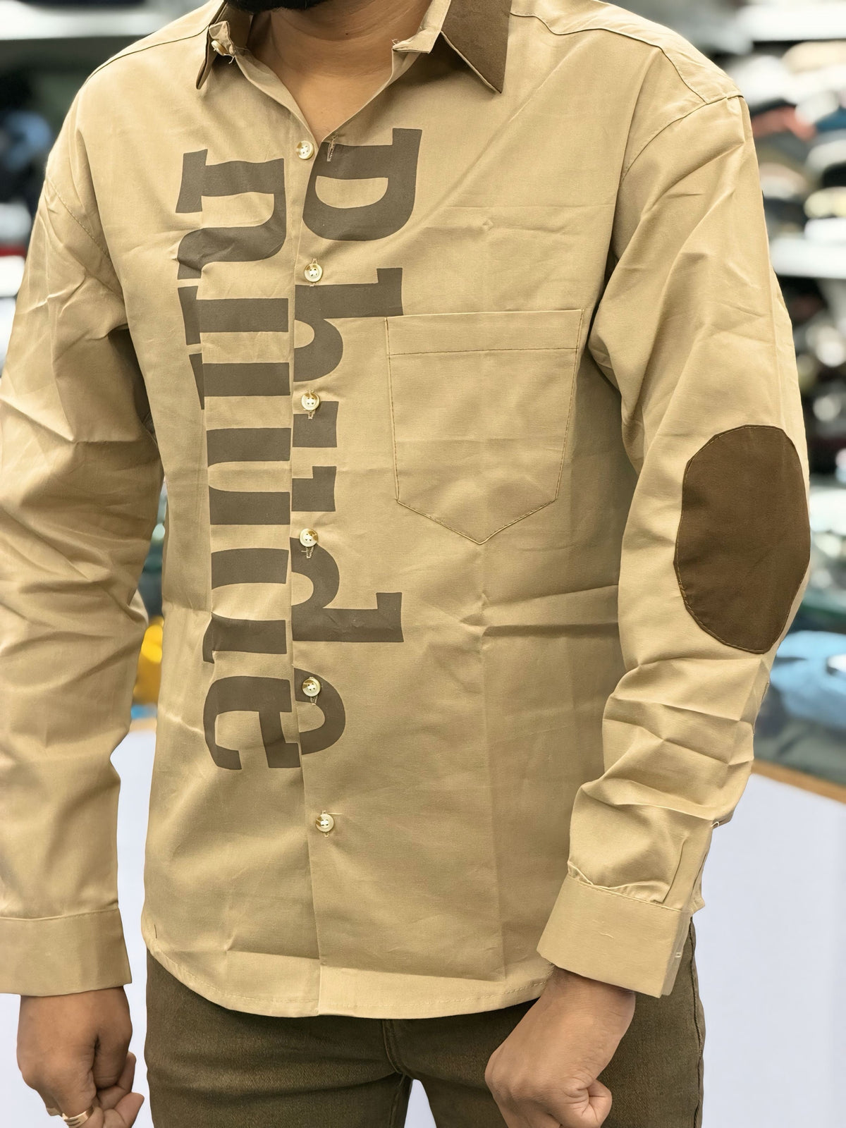 Men’s Khaki Casual Cotton Shirt with Bold Typography Print – Trendy Street Style Designer Shirt