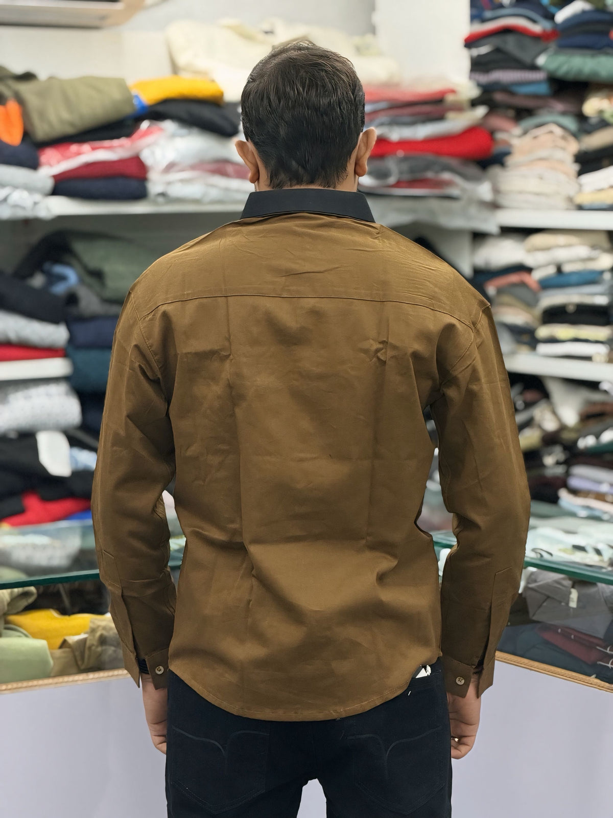 Men’s Brown Casual Cotton Shirt with Black Zipper Pocket – Stylish Designer Shirt