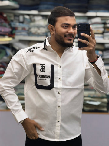 Men’s White Graphic Print Shirt with Contrast Pocket – Stylish Street Style Cotton Shirt