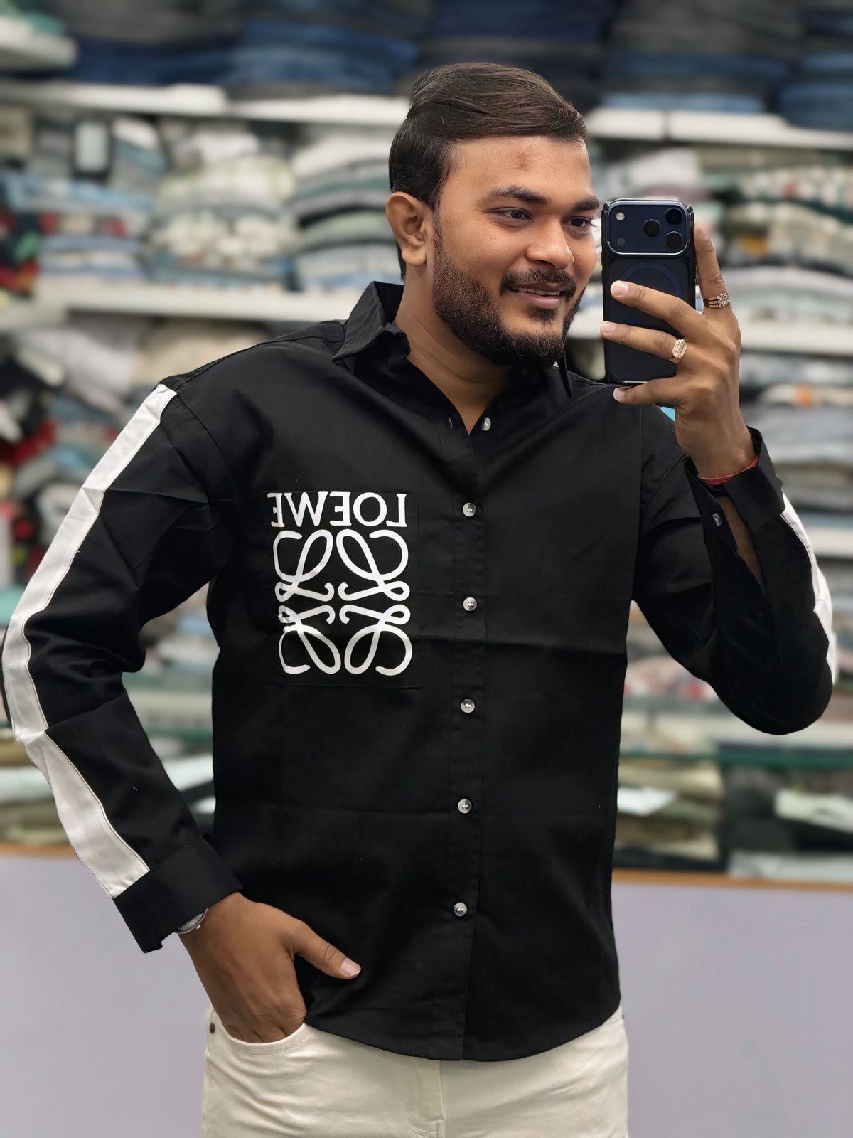 Men’s Black Graphic Print Shirt with White Sleeve Stripe – Stylish Street Style Cotton Shirt