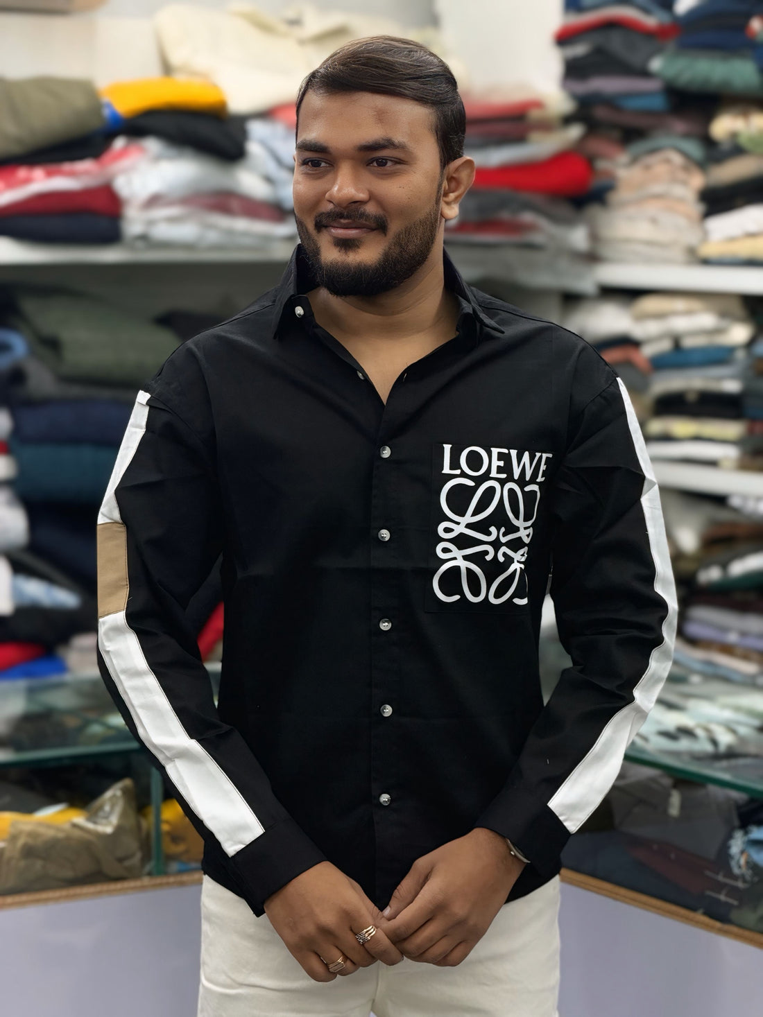 Men’s Black Graphic Print Shirt with White Sleeve Stripe – Stylish Street Style Cotton Shirt
