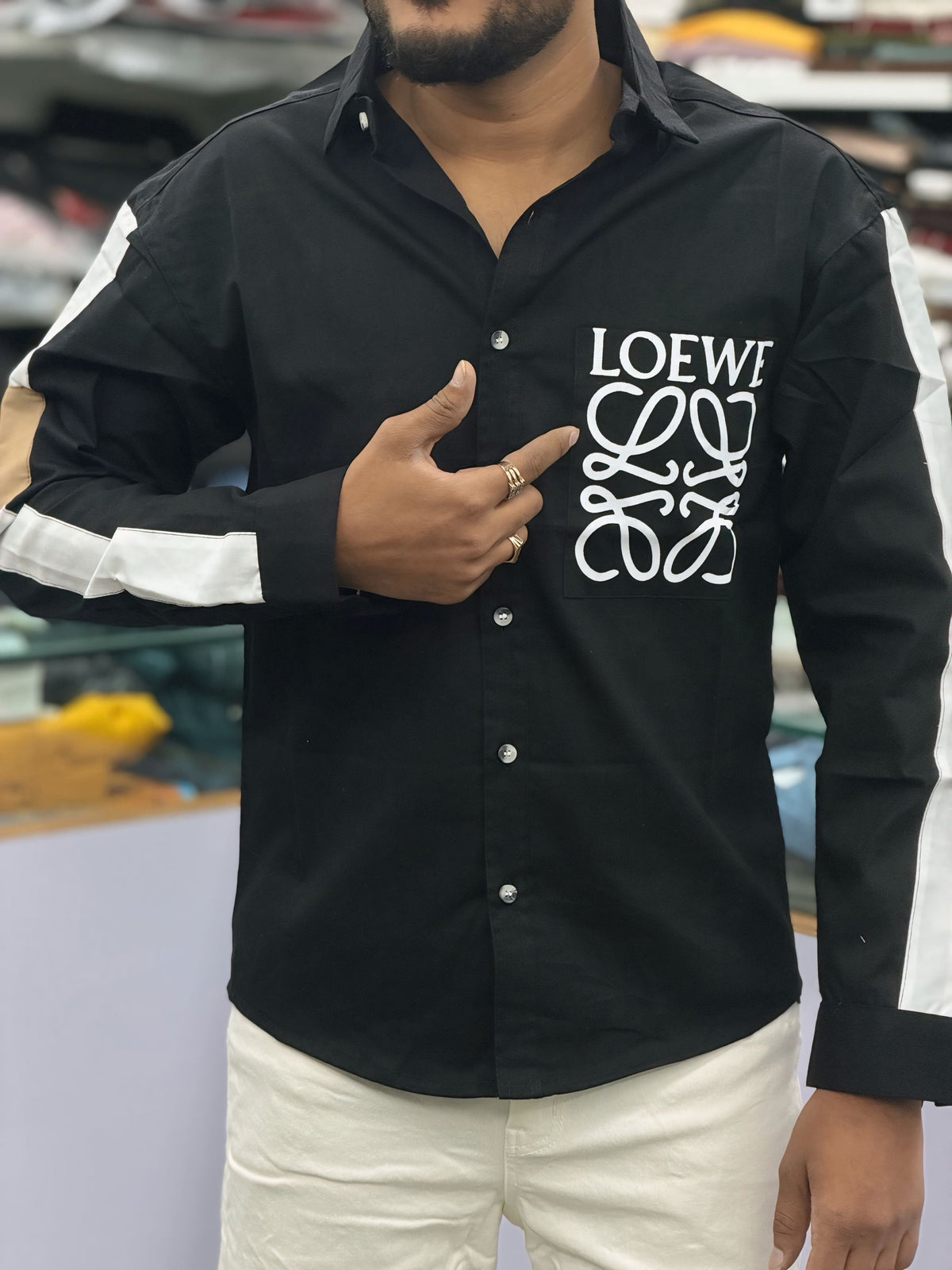 Men’s Black Graphic Print Shirt with White Sleeve Stripe – Stylish Street Style Cotton Shirt