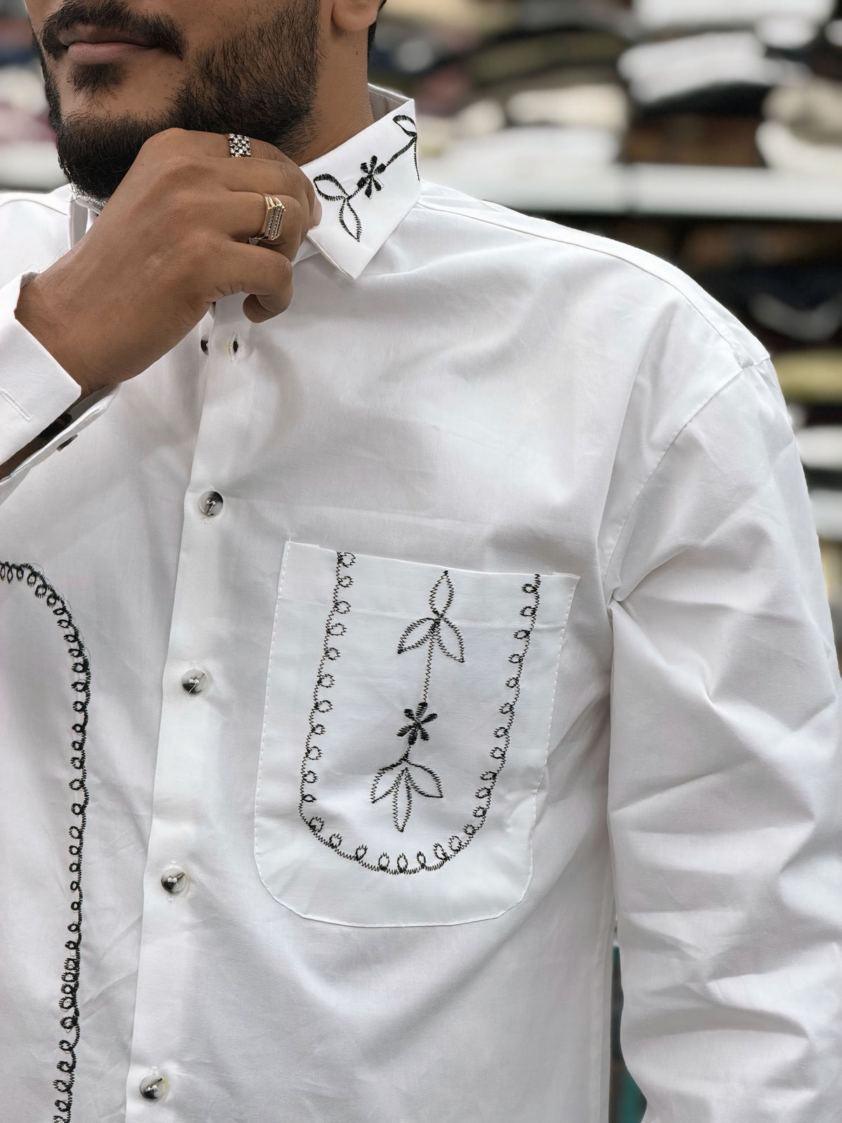 Men’s White Cotton Shirt with Black Embroidered Pocket – Premium Designer Casual Shirt