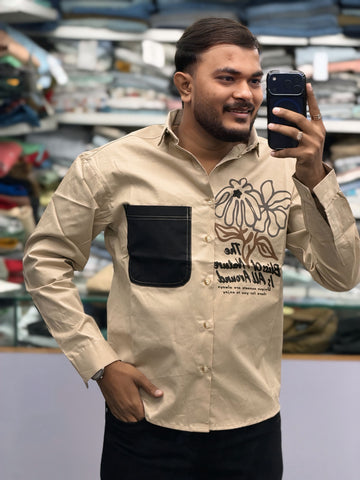 Men’s Beige Casual Cotton Shirt with Black Contrast Pocket & Floral Graphic Print – Stylish Designer Shirt