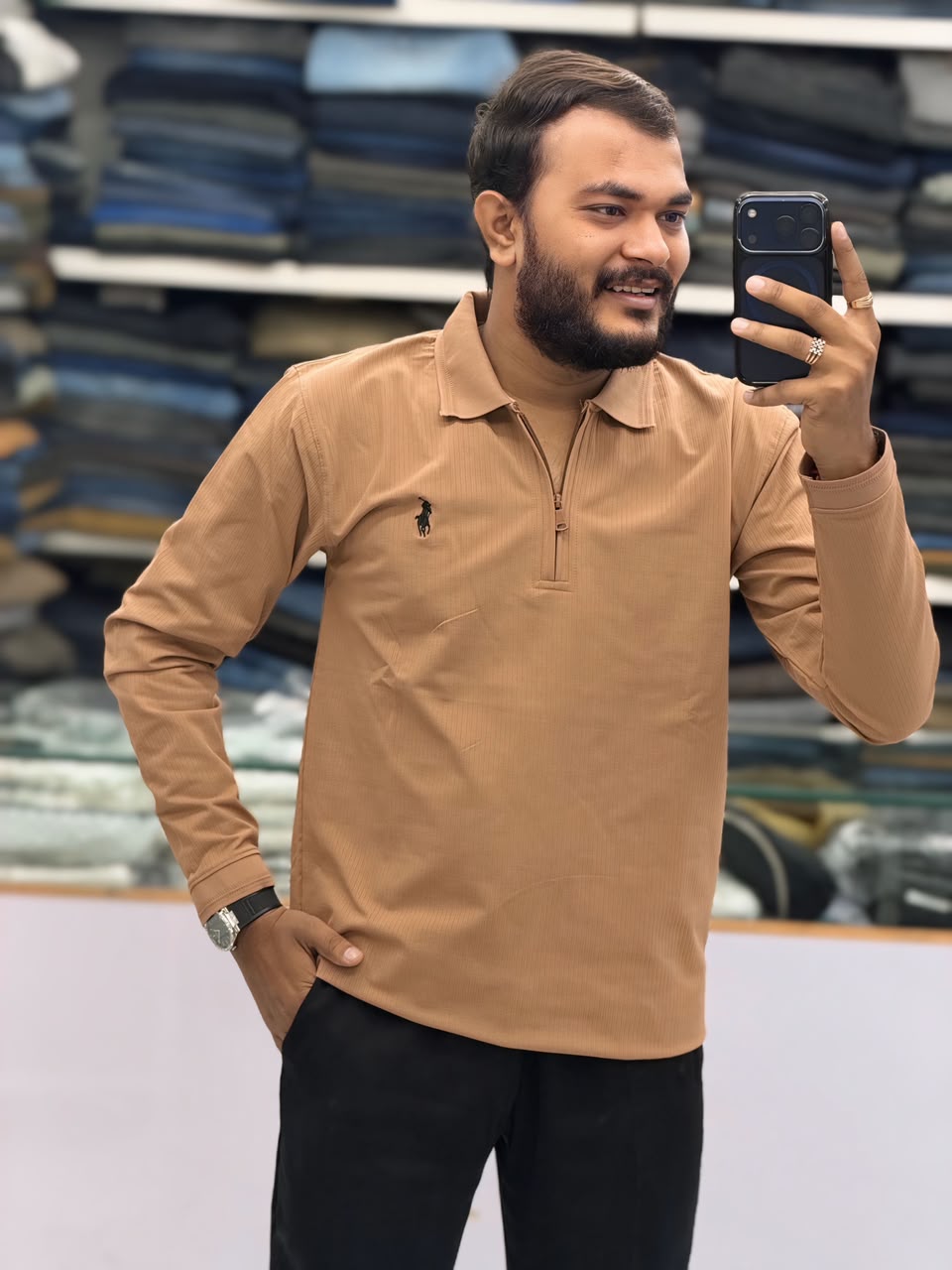✨ Premium Ribbed Half-Zip Polo T-Shirt