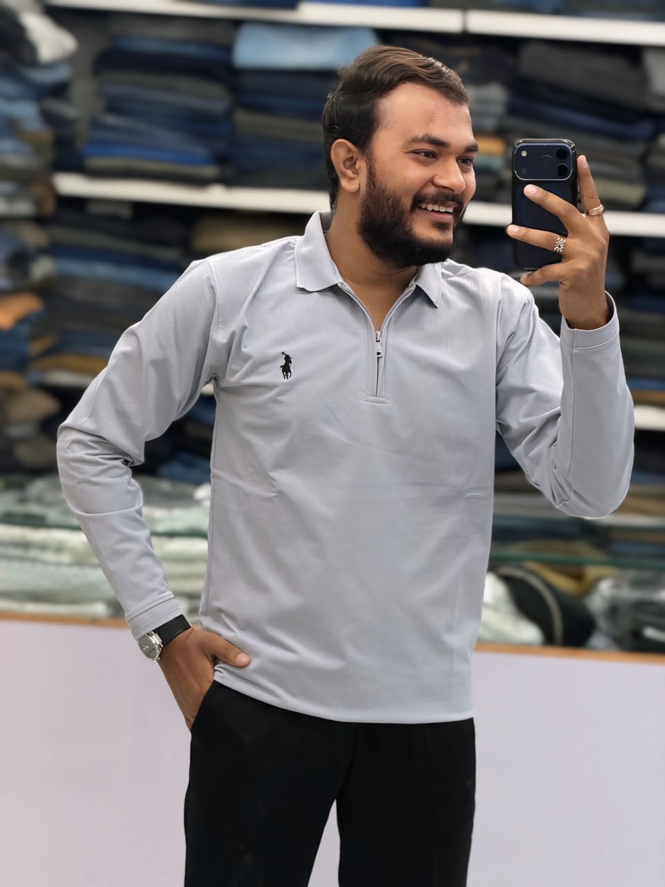 ✨ Premium Ribbed Half-Zip Polo T-Shirt