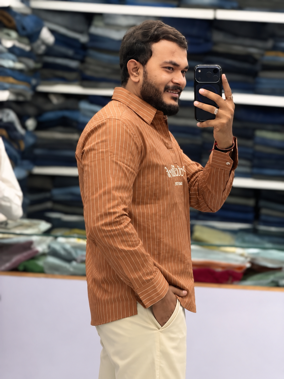 Men's Rust Brown Striped Kurta Shirt – Stylish Full Sleeve Ethnic Casual Wear