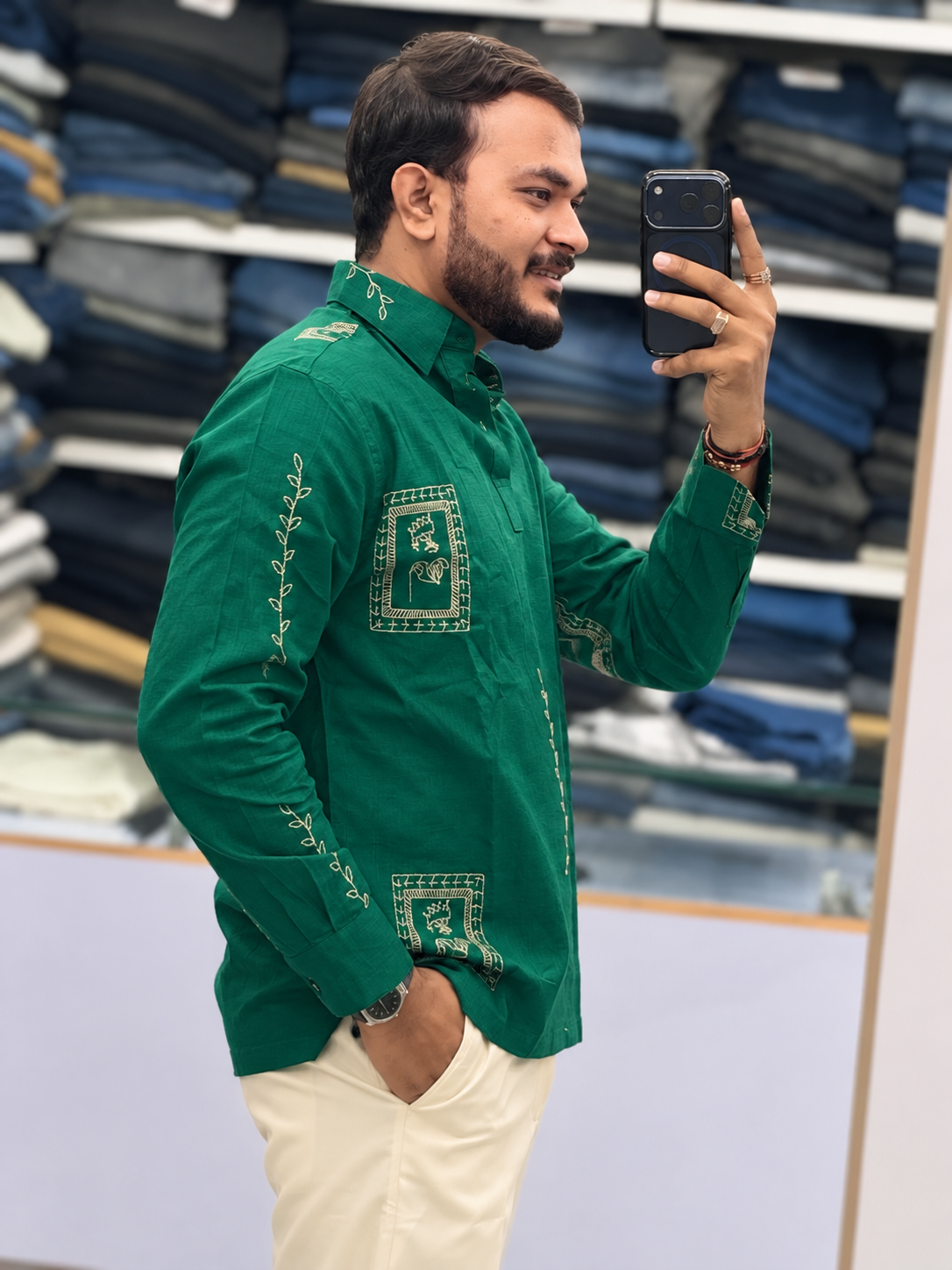 Men's Premium Green Embroidered Kurta Shirt | Stylish Ethnic Wear for Men