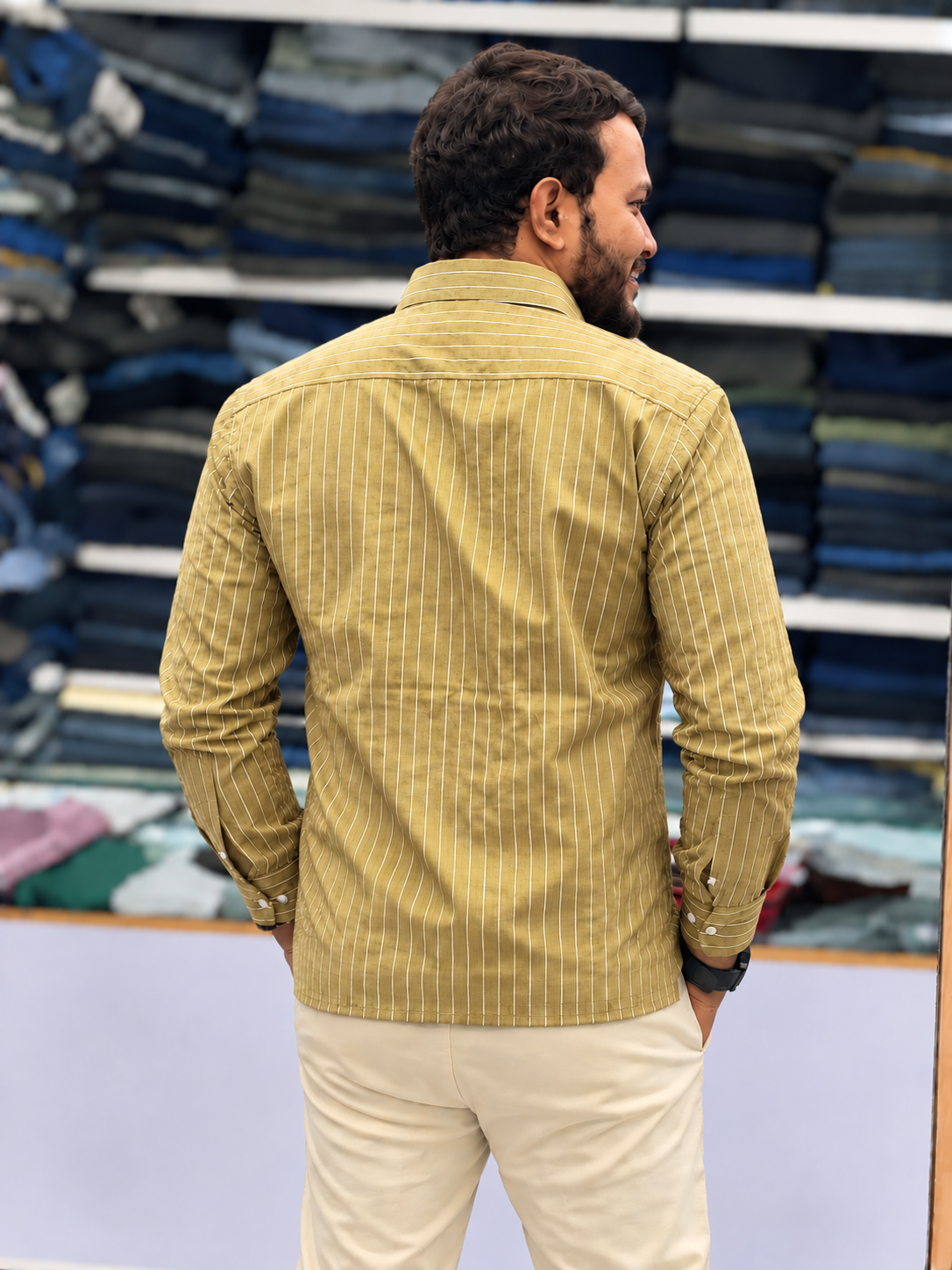 Men's Mustard Yellow Striped Kurta Shirt – Stylish Full Sleeve Ethnic Casual Wear