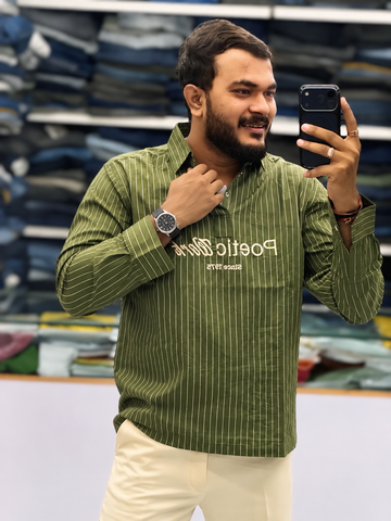 Men's Olive Green Striped Kurta Shirt – Stylish Full Sleeve Ethnic Casual Wear