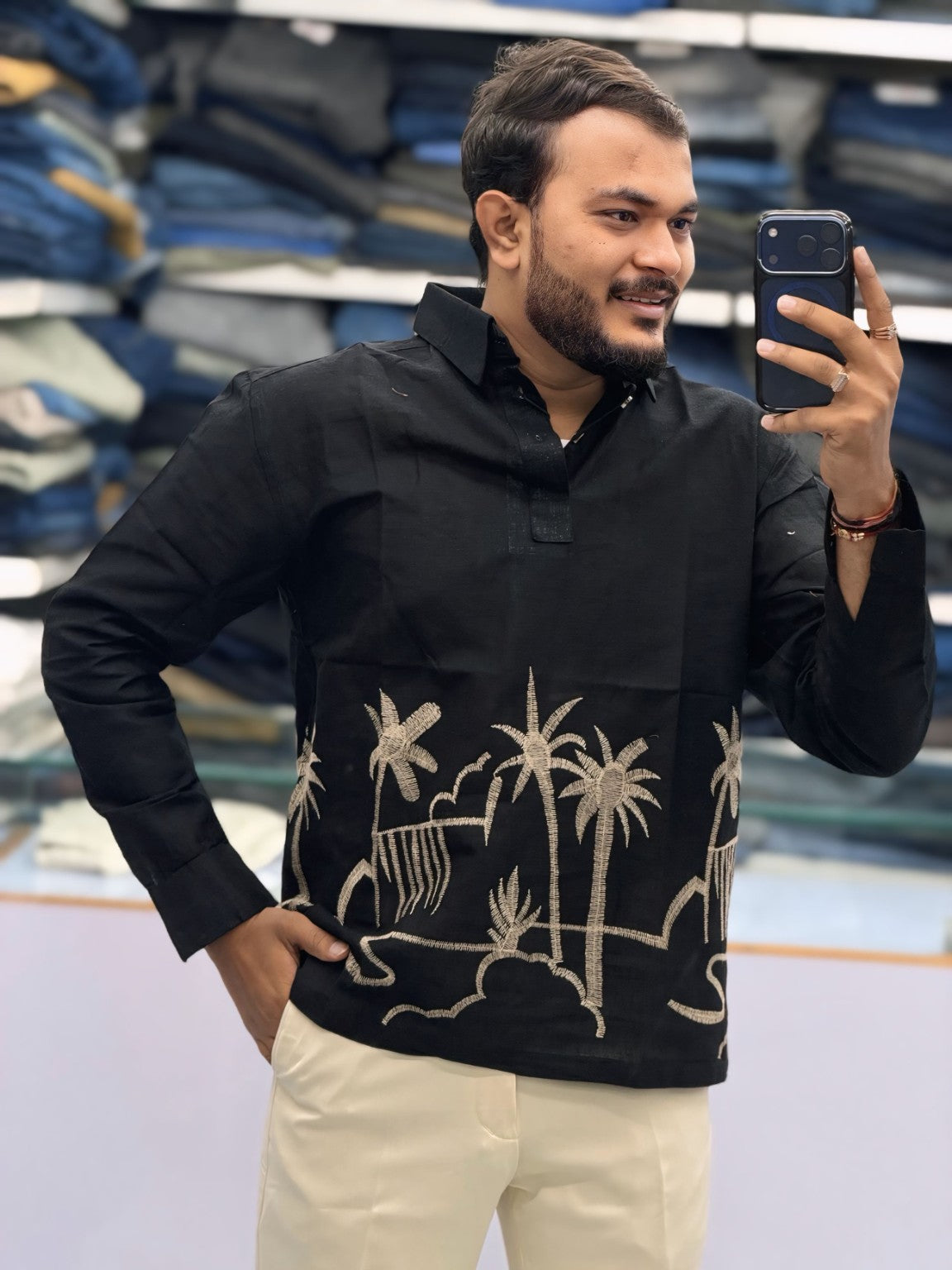 Men’s Midnight Black Tropical Palm Embroidered Kurta | Bold Contemporary Ethnic Wear