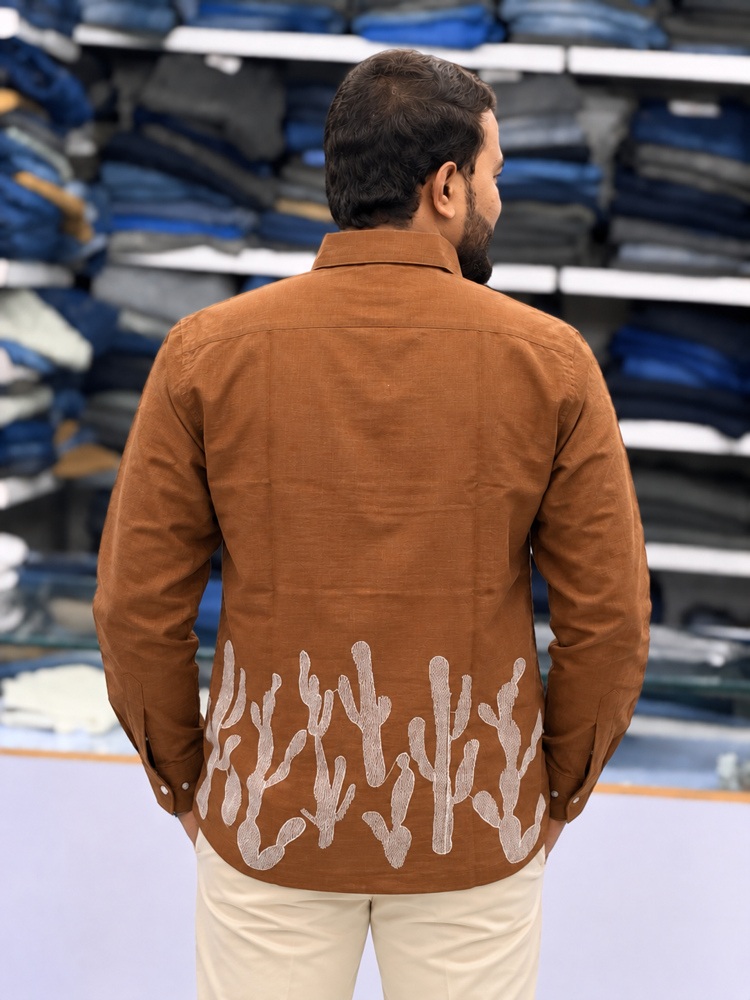 Men’s Mocha Brown Cactus Embroidered Kurta Shirt | Contemporary Statement Ethnic Wear