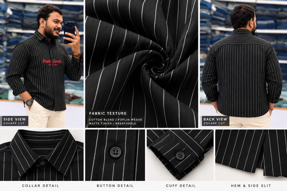 Men's Black Striped Kurta Shirt – Stylish Full Sleeve Ethnic Casual Wear