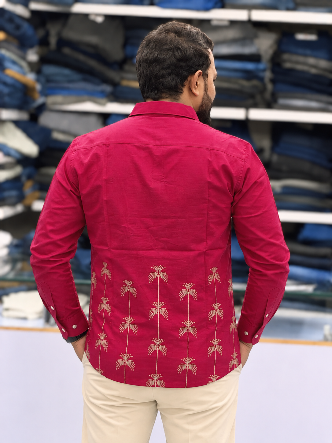 Men’s Wine Pink Palm Tree Embroidered Kurta | Contemporary Festive Wear for Men