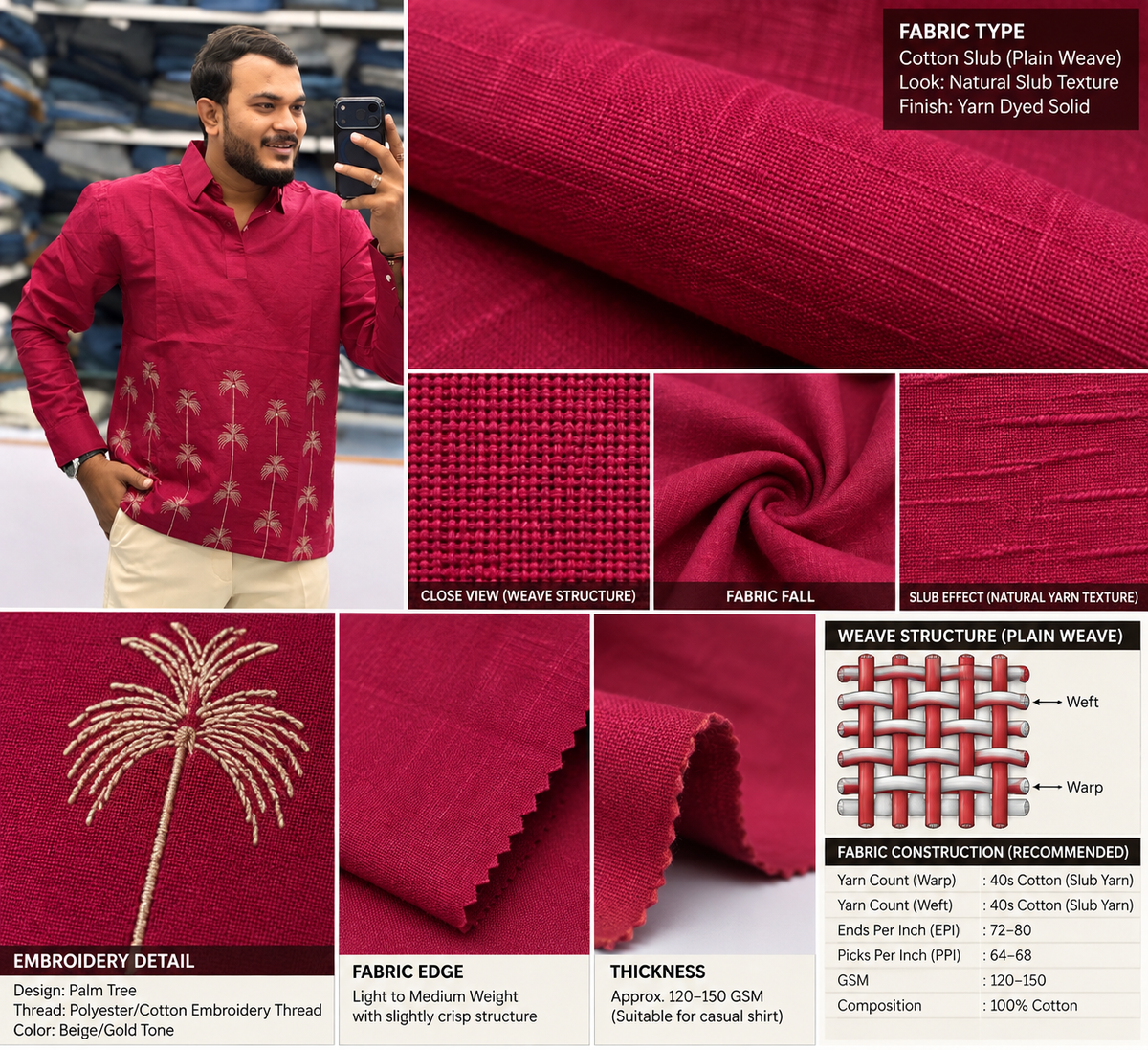 Men’s Wine Pink Palm Tree Embroidered Kurta | Contemporary Festive Wear for Men