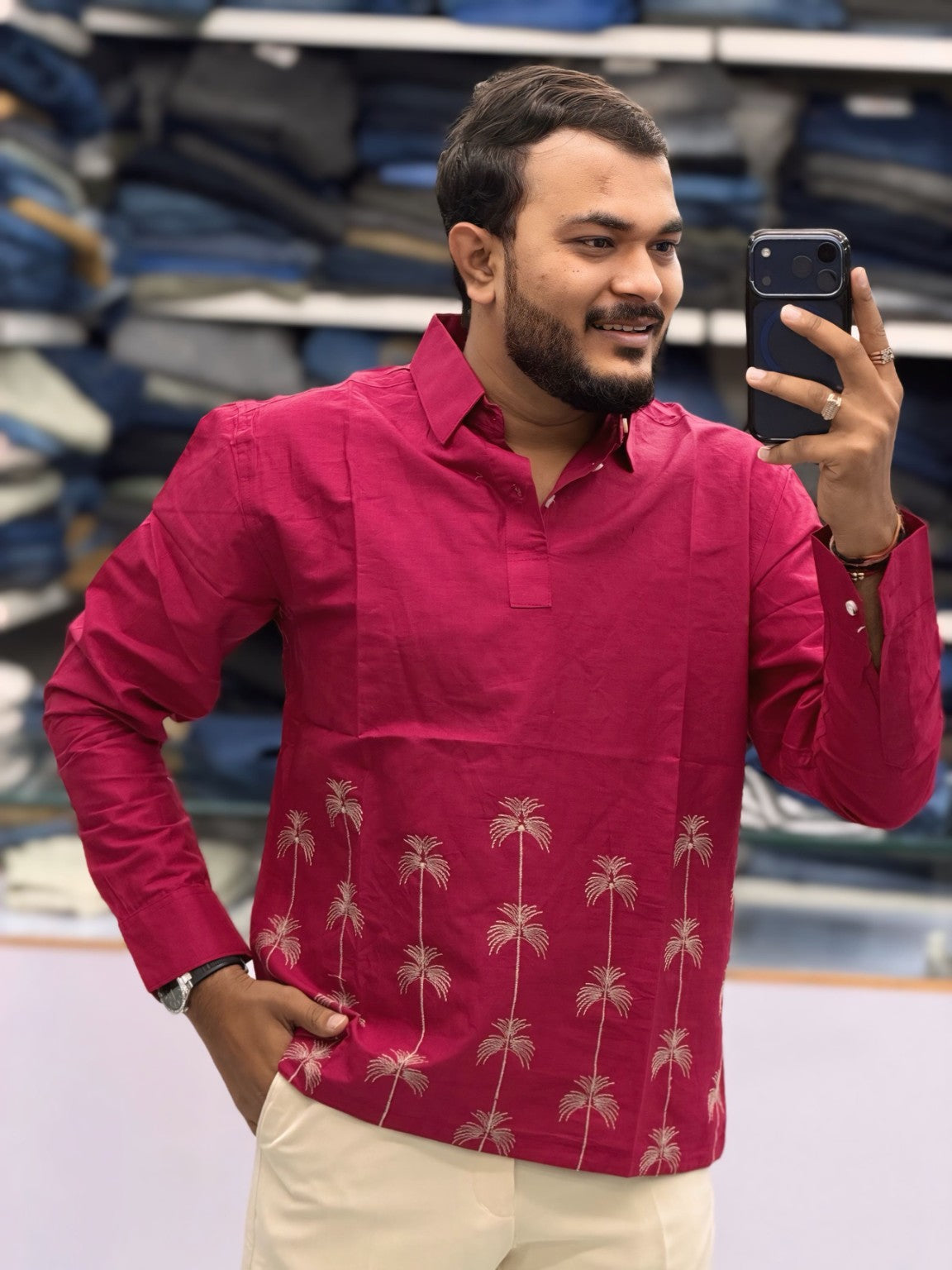 Men’s Wine Pink Palm Tree Embroidered Kurta | Contemporary Festive Wear for Men