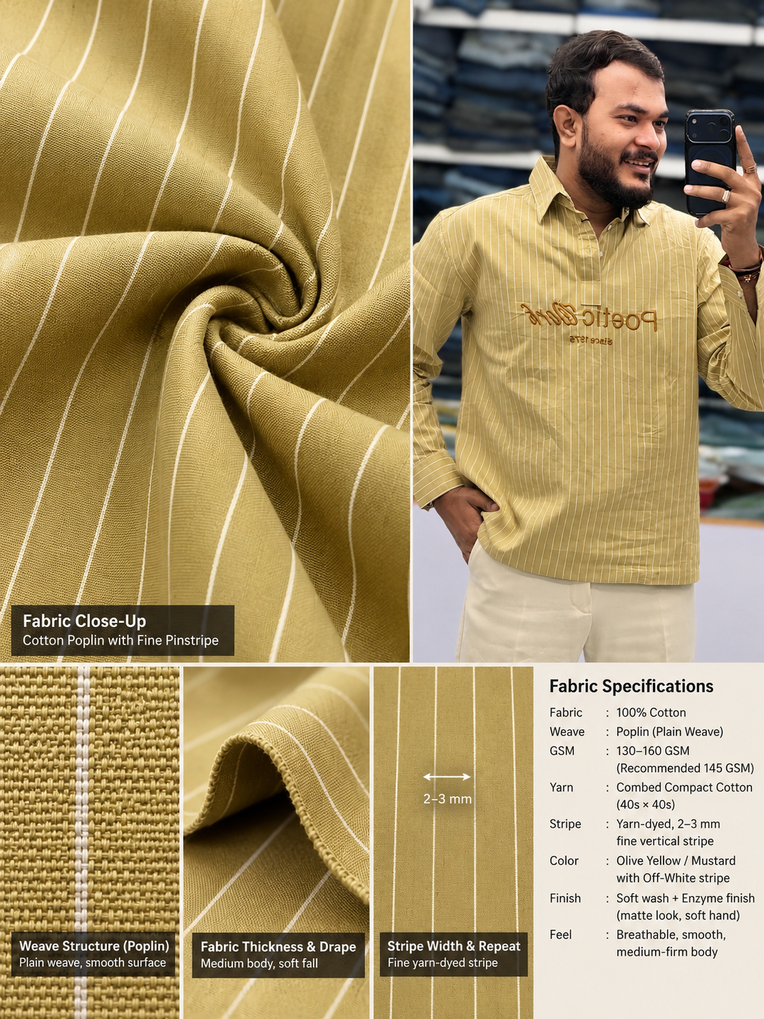 Men's Mustard Yellow Striped Kurta Shirt – Stylish Full Sleeve Ethnic Casual Wear