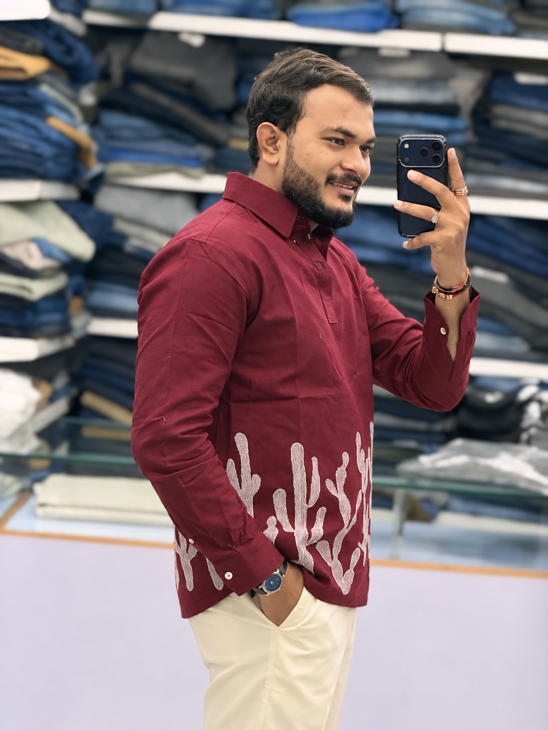 Men’s Wine Maroon Cactus Art Embroidered Kurta | Contemporary Designer Ethnic Shirt