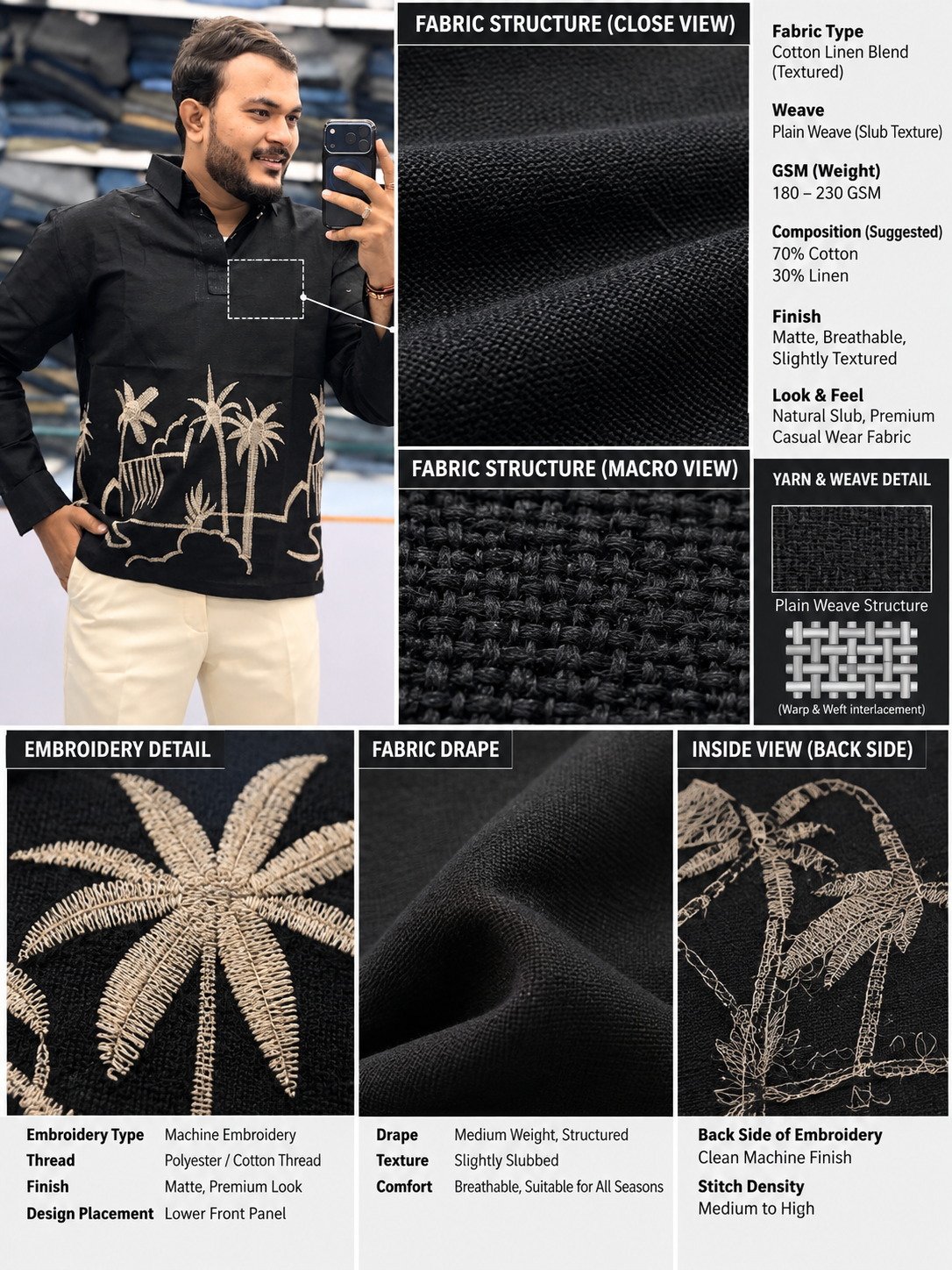 Men’s Midnight Black Tropical Palm Embroidered Kurta | Bold Contemporary Ethnic Wear