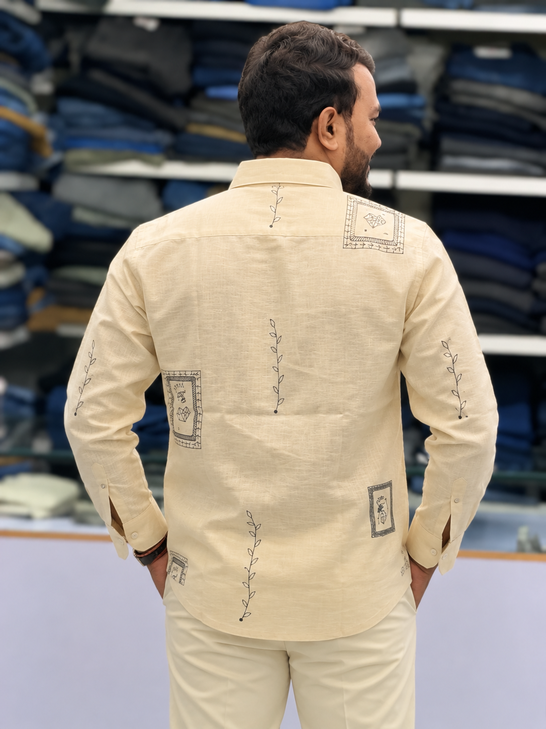 Men’s Ivory Cream Printed Kurta Shirt | Contemporary Ethnic Wear with Artistic Detailing