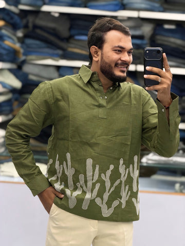 Men’s Olive Green Cactus Embroidered Slub Kurta Shirt | Textured Festive Ethnic Wear