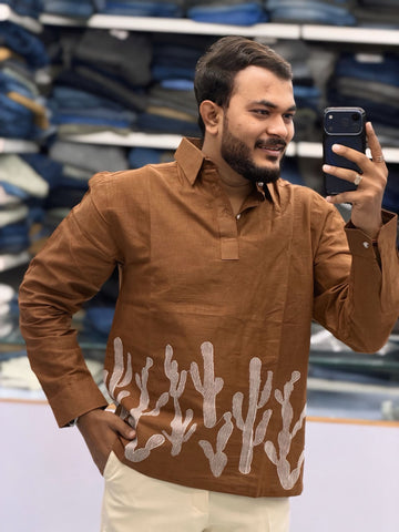 Men’s Mocha Brown Cactus Embroidered Kurta Shirt | Contemporary Statement Ethnic Wear