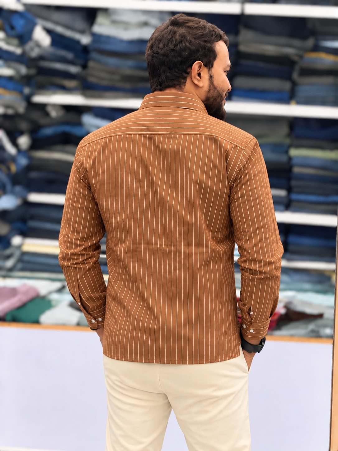Men's Rust Brown Striped Kurta Shirt – Stylish Full Sleeve Ethnic Casual Wear